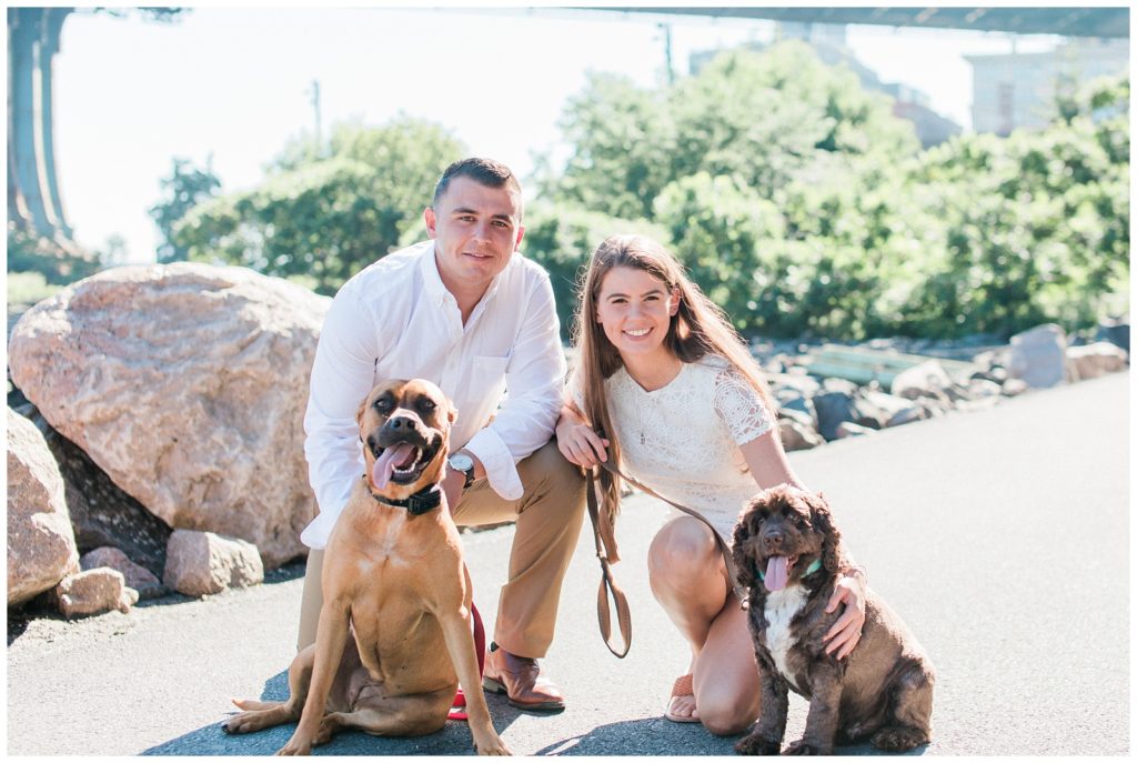 engaged couple with their two dogs in Brooklyn