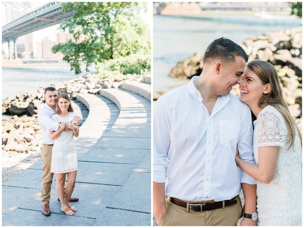 engaged couple laughing on pebble beach in Brooklyn, NY