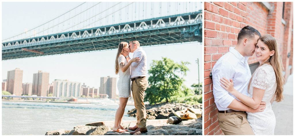 Couple kissing on Pebble Beach overlooking Manhattan Bridge