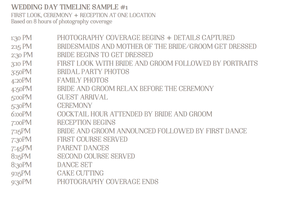 Wedding Day Timeline Sample for Bride and Groom