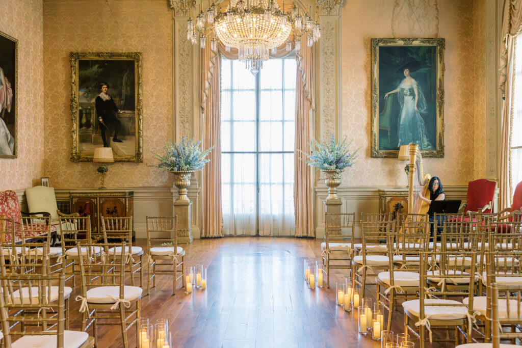 indoor ceremony at rosecliff mansion